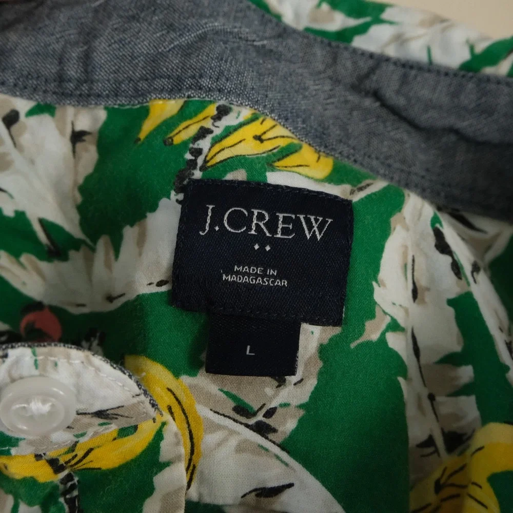 J. Crew Large Hawaiian Shirt Green Bananas Tropical Cotton Short Sleeve Mens